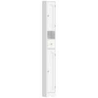 HOMCOM Badkamerkast smalle hoge kast met lade, gebogen deuren, open vak, verstelbare plank, 20x20x185 cm, Wit