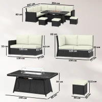 Outsunny 7 Pieces PE Rattan Garden Furniture Set, 50,000 BTU Gas Fire Pit Table, Double Corner Sofa and 3 Footstools(m-3)