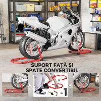 HOMCOM Stand pentru Motocicletă, Față și Spate, Capacitate 390 kg, Furci în U și L, Roți și Suporturi Antiderapante, Roșu(m-4)