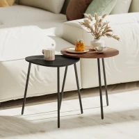 HOMCOM Lot de 2 tables basses gigognes, tables d'appoint contemporain cadre en métal, ronde et triangulaire, noyer et noir(m-6)