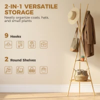HOMCOM Albero Porta Abiti con 9 Ganci e 2 Ripiani, Naturale(m-4)