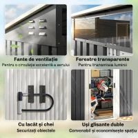 Outsunny Căsuță de Grădină pentru Unelte cu 4 Ferestre și 2 Cârlige, din Oțel Zincat, 195x122x181.5 cm, Gri(m-7)