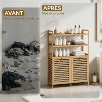 HOMCOM Meuble de salle de bain avec panier à linge en bambou avec 2 paniers amovibles et étagères à 3 niveaux, chêne(m-9)