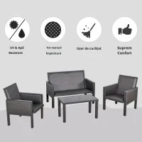 Outsunny Salon de Gradina cu Canapea de Exterior din Ratan Set 4 Buc Gri(m-5)