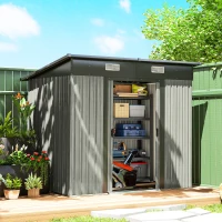 Outsunny 7 x 4ft Outdoor Storage Shed with Foundation Kit, Lean to Metal Garden Shed for Log, Rubbish Bin, Tool, Bike, Light Grey(m-2)
