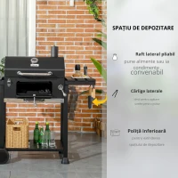 Outsunny Grătar cu Tavă de Cărbune Reglabilă, Grilaj de Grătar din Oțel Galvanizat cu Rafturi de Depozitare, 120x64x114 cm, Negru(m-4)