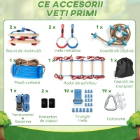 AIYAPLAY Ninja Line Set Slackline copii 24 m cu inele gimnastice, 7 obstacole, bară de cățărat, pod de echilibru pentru 3-6 ani Roșu+Albastru(m-4)