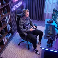 HOMCOM Scaun de gaming ergonomic, fotoliu gamer cu suport lombar masaj, spătar înclinat, înălțime reglabilă, negru(m-5)
