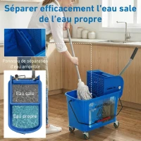 HOMCOM Chariot de ménage chariot de lavage essoreuse latérale seau 20 L, poignée et serpillère, 45 x 26,5 x 70 cm, bleu(m-5)