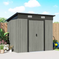 Outsunny 7 x 4ft Outdoor Storage Shed with Foundation Kit, Lean to Metal Garden Shed for Log, Rubbish Bin, Tool, Bike, Light Grey(m-9)