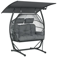 Outsunny Double Hanging Egg Chair with Canopy, Rattan Garden Egg Swing Chair with Cushion, Stand for Indoor Outdoor, Dark Grey(m-10)