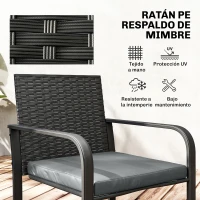 Outsunny Conjunto de Muebles de Jardín de Ratán Sintético con 2 Sillas con Cojines y Mesa con Tablero de Vidrio Gris(m-5)