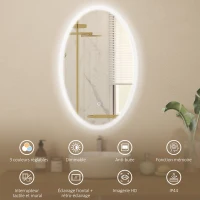HOMCOM Miroir salle de bain avec éclairage 80 x 50 cm, miroir LED ovale, anti-buée, 3 couleurs lumière, dimmable, transparent(m-4)