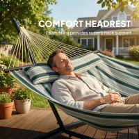 Outsunny Outdoor Hammock with Stand Detachable Pillow Striped Swing Steel Frame, for Garden, Patio, Green(m-5)