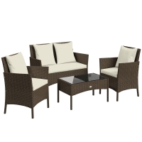 Outsunny Conjunto de Jardín Exterior de Ratán 4 Piezas Incluye Sofá de 2 Plazas 2 Sillas Mesa de Vidrio Cojines Lavables Marrón