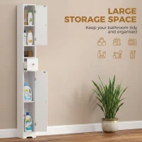 HOMCOM Szafka łazienkowa wąska wysoka z szufladą, zaokrąglonymi drzwiami, otwartą półką, regulowanymi półkami, 20 x 20 x 185 cm, biała(m-4)