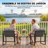 Outsunny Salon de jardin 3 pièces 2 places avec 2 fauteuils 1 table basse, plateau en verre trempé et coussins, gris(m-4)