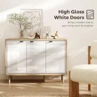 HOMCOM Bufet Modern cu 3 Uși și Raft Reglabil, 107x35x77 cm, Alb Lucios și Stejar(m-4)