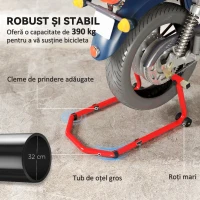 HOMCOM Stand pentru Motocicletă, Față și Spate, Capacitate 390 kg, Furci în U și L, Roți și Suporturi Antiderapante, Roșu(m-5)