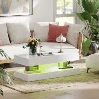 HOMCOM Masa de cafea cu sertare și lumini LED, masă laterală modernă cu raft deschis, masă de cafea, placaj, Alb(m-6)