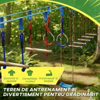 AIYAPLAY Ninja Line Set Slackline copii 24 m cu inele gimnastice, 7 obstacole, bară de cățărat, pod de echilibru pentru 3-6 ani Roșu+Albastru(m-8)