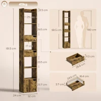 HOMCOM Bookcase Tall Narrow with 5 Tiers and Drawers Freestanding Bookshelf Storage Cabinet for Living Room Rustic Brown(m-3)