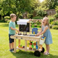 AIYAPLAY Cozinha Infantil Exterior de Madeira com Rodas Água Real Vasos Quadro e 15 Acessórios 84,2x34,4x90 cm Amarelo(m-11)