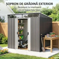 Outsunny Căsuță de Grădină pentru Unelte cu 4 Ferestre și 2 Cârlige, din Oțel Zincat, 195x122x181.5 cm, Gri(m-9)