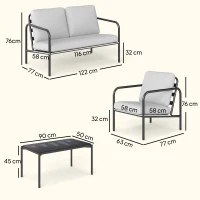 Outsunny 4-teiliges Gartenlounge-Set aus Stahl mit Zweisitzer, 2 Sesseln, Tisch, Polstern, Hellgrau(m-3)
