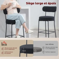 HOMCOM Lot de 2 tabourets de bar en tissu bouclette, chaises de bar avec dossier courbé, repose-pieds, 49x52x95cm, noir(m-4)