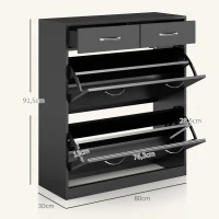 HOMCOM Meuble à chaussures 2 tiroirs et 2 portes abattantes avec étagère réglable, poignées alu. 80 x 30 x 91,5 cm, Noir(m-3)