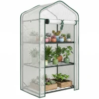 Outsunny Mini seră de grădină cu acoperire din PE, 3 rafturi și ușă rulabilă, 59x39x127cm, Alb(m-11)