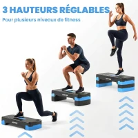 SPORTNOW Stepper Fitness Aérobic 3 Niveaux, Hauteur Réglable 10/15/20 cm avec Rehausses, Surface Antidérapante, 68x29x20cm, Bleu(m-4)