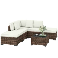 Outsunny Conjunto de Jardim Exterior em Rattan de 6 Peças com Cadeira de Canto, 2 Cadeiras sem Braços, Apoio para Pés e Mesa Castanha(m-10)