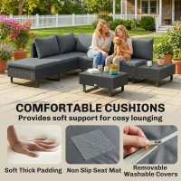 Outsunny 5 Seater Rattan Garden Furniture Set, L Shaped Garden Corner Sofa, Adjustable Back, Faux Wood Table, Dark Grey(m-8)