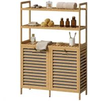 HOMCOM Meuble de salle de bain avec panier à linge en bambou avec 2 paniers amovibles et étagères à 3 niveaux, chêne(m-1)