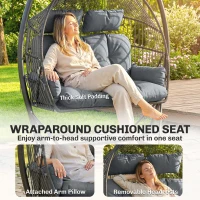 Outsunny Double Hanging Egg Chair with Canopy, Rattan Garden Egg Swing Chair with Cushion, Stand for Indoor Outdoor, Dark Grey(m-6)