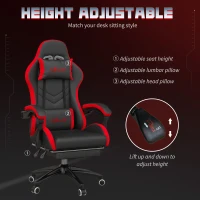 Vinsetto Scaun de Gaming cu Înălțime Reglabilă și Spătar Rabatabil, 65x65x121-129 cm, Negru și Roșu(m-4)