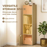 HOMCOM Narrow Bookcase, 4-Tier Bookshelf, Storage Cabinet with doors for Living Room, Bedroom, Oak(m-4)