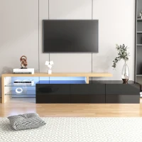 Móvel de TV Moderno com Amplo Espaço de Armazenamento e Iluminação LED 197x39x42 cm, Preto e Madeira(m-2)