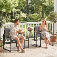 Outsunny Salon de jardin 3 pièces 2 places avec 2 fauteuils 1 table basse, plateau en verre trempé et coussins, gris(m-10)
