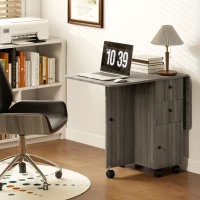 HOMCOM Table de cuisine pliable table à manger pliante 2 plateaux rabattables avec 2 tiroirs 1 placard gris(m-8)