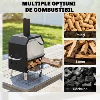 Outsunny Cuptor pizza exterior pe lemne Cuptor pizza din oțel inoxidabil 2 niveluri cu piatră pentru pizza grosime 1 cm picioare pliabile(m-5)