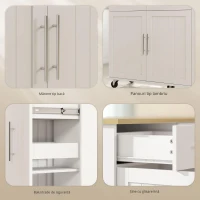 HOMCOM Insula de Bucătărie cu 5 Roți și Suport pentru Prosoape, 2 Sertare, 4 Rafturi și Dulap, din Lemn, 129x65x91 cm(m-4)