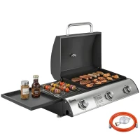 Outsunny Barbacoa de Gas BBQ Gas con 3 Quemadores 7,5 kW con Parrilla Plancha Estante Lateral Convertible Termómetro Negro(m-10)