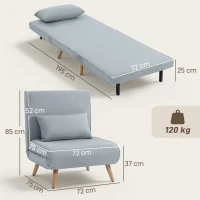 HOMCOM Fauteuil chauffeuse convertible 3 en 1 lit fauteuil lit 1 place dossier 5 positions en tissu avec coussin, gris(m-3)