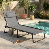 Outsunny Portable Sun Lounger, Folding Camping Bed Cot, Reclining Lounge Chair 5-position Adjustable Backrest with Side Pocket, Pillow for Patio Garden Beach Pool, Mixed Grey(m-2)