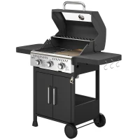 Outsunny Barbacoa de Gas con 3 Quemadores 7,5 kW Termómetro Parrilla Plancha Mesas Laterales Armario Ruedas 125x57x110 cm Negro(m-11)