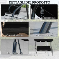 Outsunny Dondolo 3 Posti con Tettuccio Regolabile e Cuscini, in Acciaio e Poliestere, 170x110x153 cm, Nero(m-5)