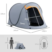 Outsunny Cort de Camping Pop-Up Impermeabil cu Accesorii și Geantă de Transport, 245x148x105 cm, Gri(m-3)